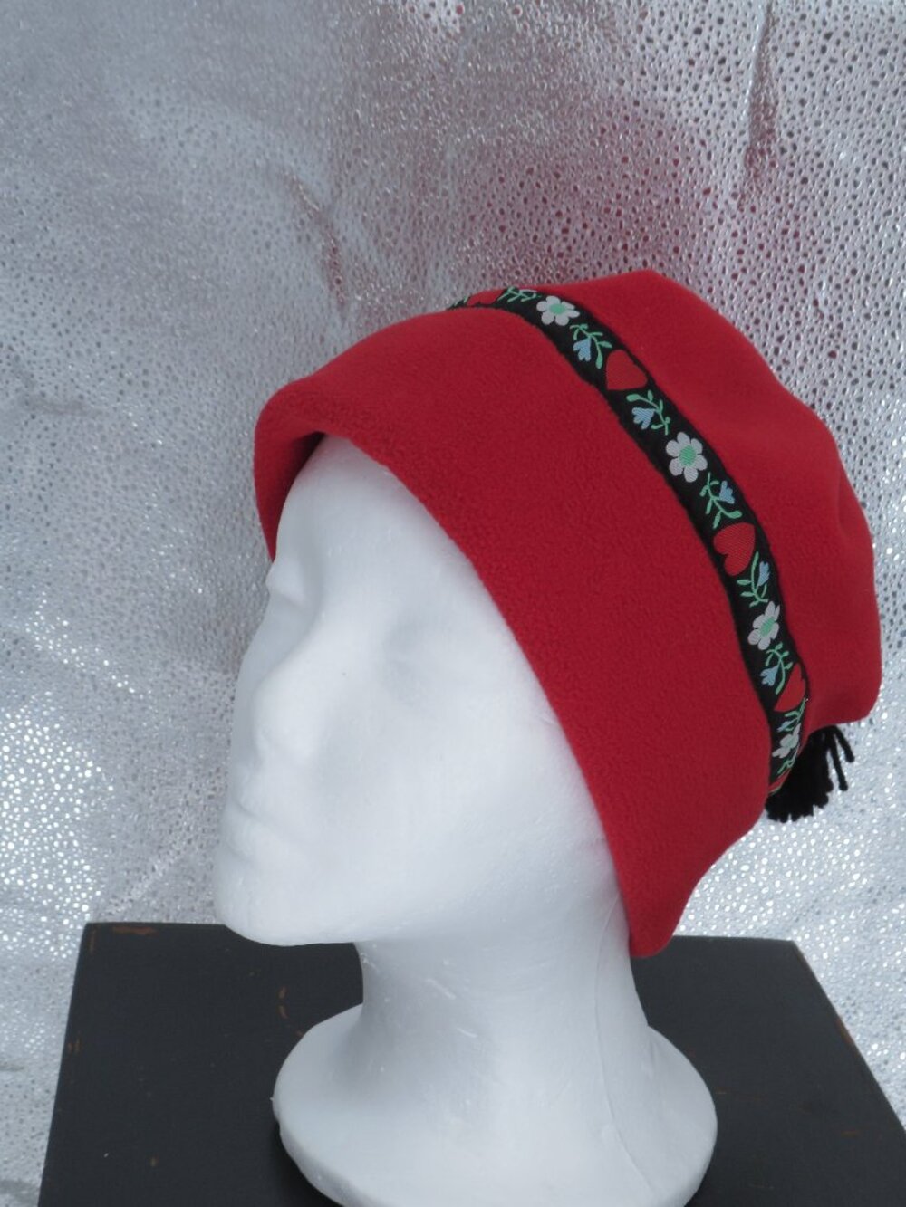 Wintergreen Polartec Fleece Beanie Hat Red Med Floral Ribbon Tassel Ear Warmer